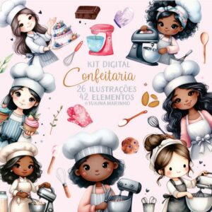 Kit Digital Confeitaria Mascotes Watercollor